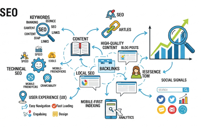 Search Engine Optimization (SEO)What is SEO

SEO basics

How SEO works

On-page SEO

Off-page SEO

Technical SEO

Keyword research

Google ranking factors

Organic search traffic

Website optimization

SEO for beginners

Search engine algorithms

Content optimization

Link building

SEO best practices

SERP (Search Engine Results Page)

SEO strategy

Search visibility

Website ranking improvement