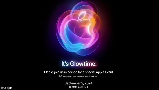 Apple's invitation includes the classic Apple logo with a redesigned twist. An animation on its website sees the logo swirl between shades of blue, purple, orange and pink, apparently in reference to the 'It's Glowtime' tagline