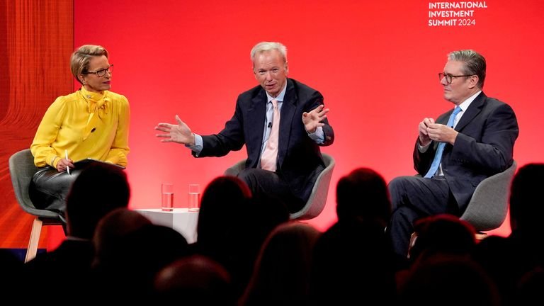 Keir Starmer with former CEO of Google Eric Schmidt and Dame Emma Walmsley, CEO of GSK, during the International Investment Summit. Image: Reuters